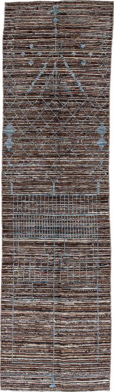 2' x 10' one-of-a-kind handmade vintage Tulu runner rug. Color palette: black, blue, dark gray, fiord, gainsboro, gray