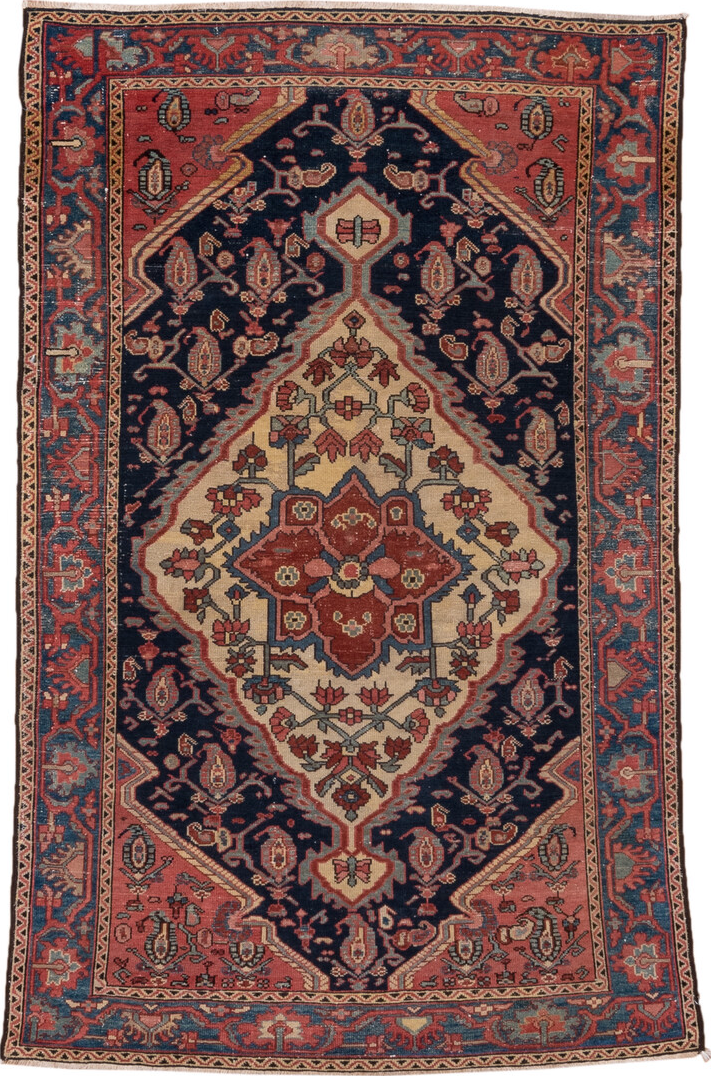 4' x 6' one-of-a-kind handmade vintage Malayer small size rug. Color palette: blue, brown, dim gray, gray, off-white, pink