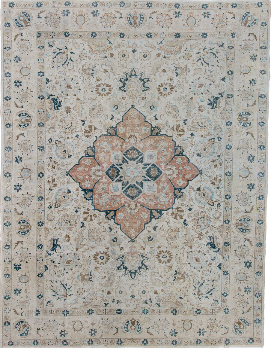 8' x 11' one-of-a-kind handmade vintage Tabriz large size rug. Color palette: black, blue, brown, charcoal, gray, light gray