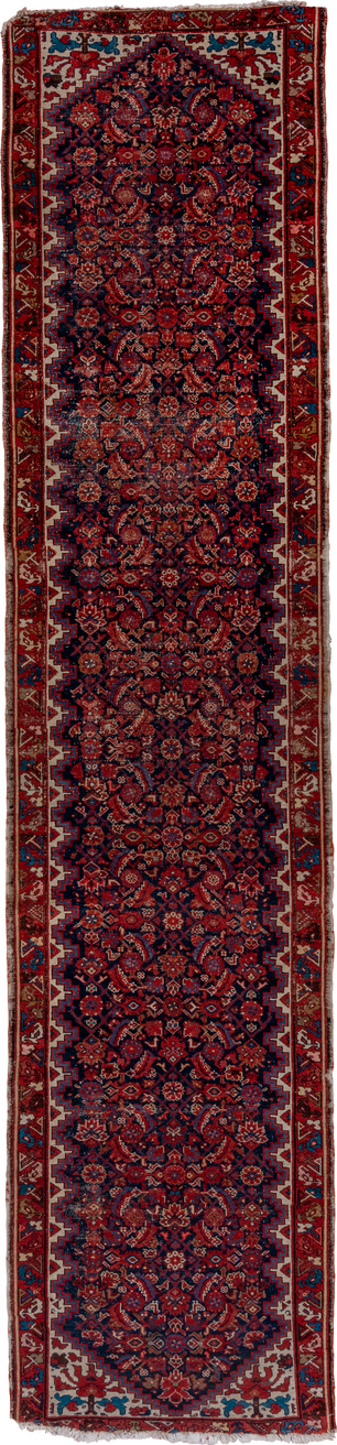 3' x 16' one-of-a-kind handmade vintage Malayer runner rug. Color palette: black, blue, brown, gray, pink, red, redwood