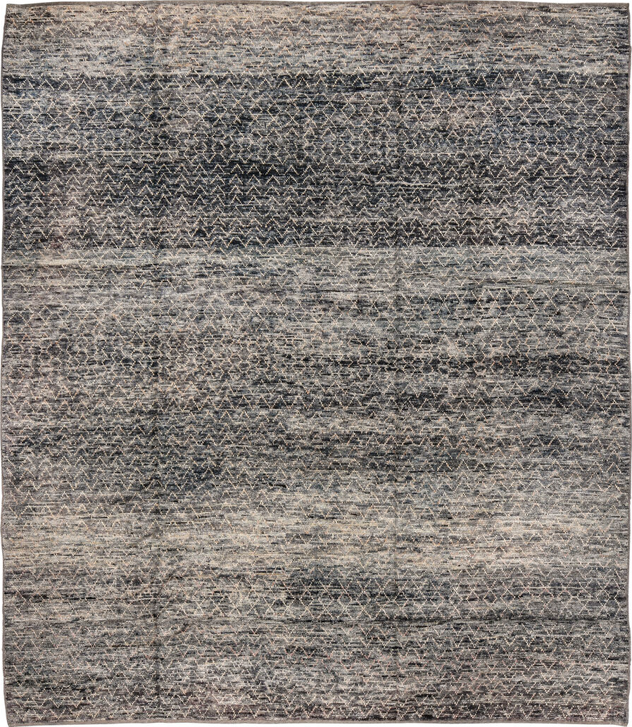 8' x 10' one-of-a-kind handmade vintage Tulu large size rug. Color palette: black, blue, brown, charcoal, dark gray