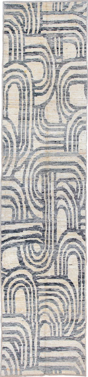 3' x 13' one-of-a-kind handmade vintage Tulu runner rug. Color palette: black, blue, brown, dim gray, gainsboro, gray