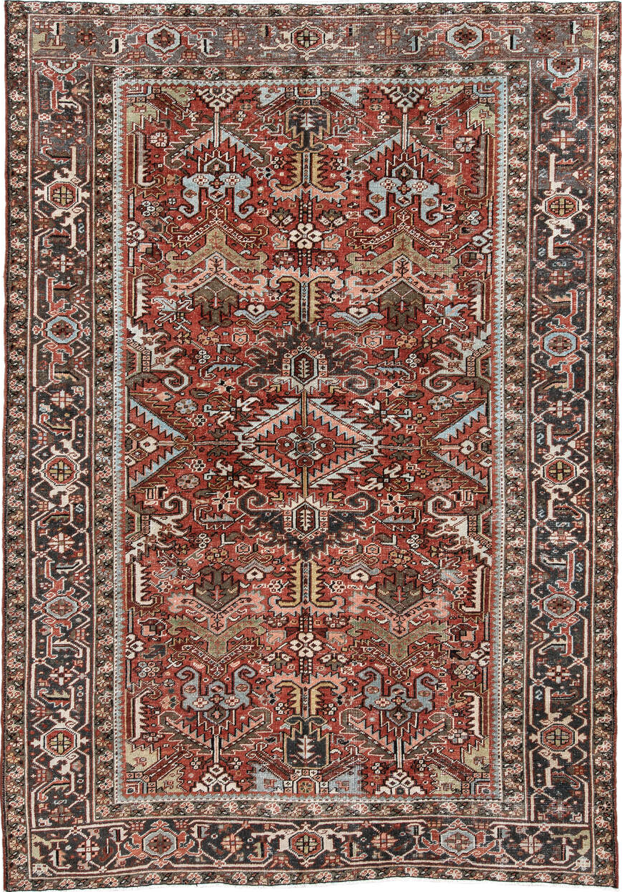 6' x 9' one-of-a-kind handmade vintage Heriz medium size rug. Color palette: black, brown, charcoal, dark gray, dim gray