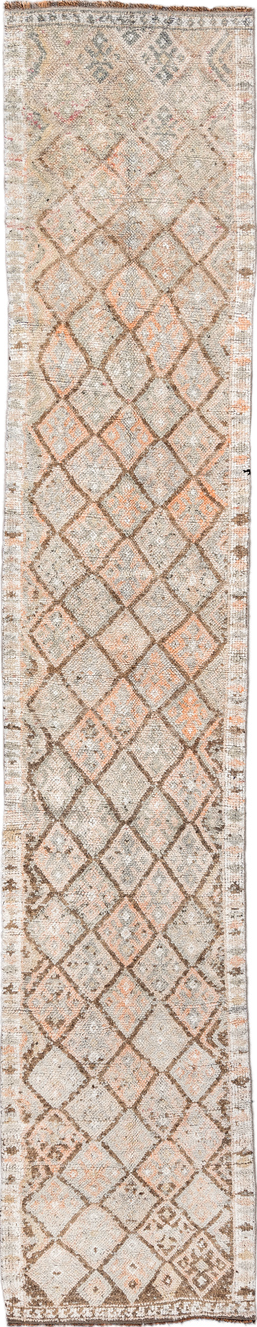 2' x 13' one-of-a-kind handmade vintage Kars runner rug. Color palette: gray, pink, off-white, brown, orange, light gray