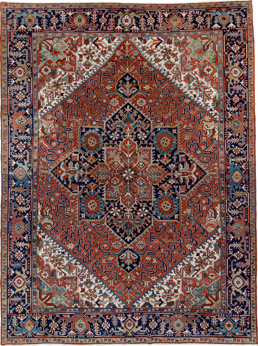 9' x 12' one-of-a-kind handmade vintage Heriz large size rug. Color palette: blue, brown, gainsboro, gray, light gray