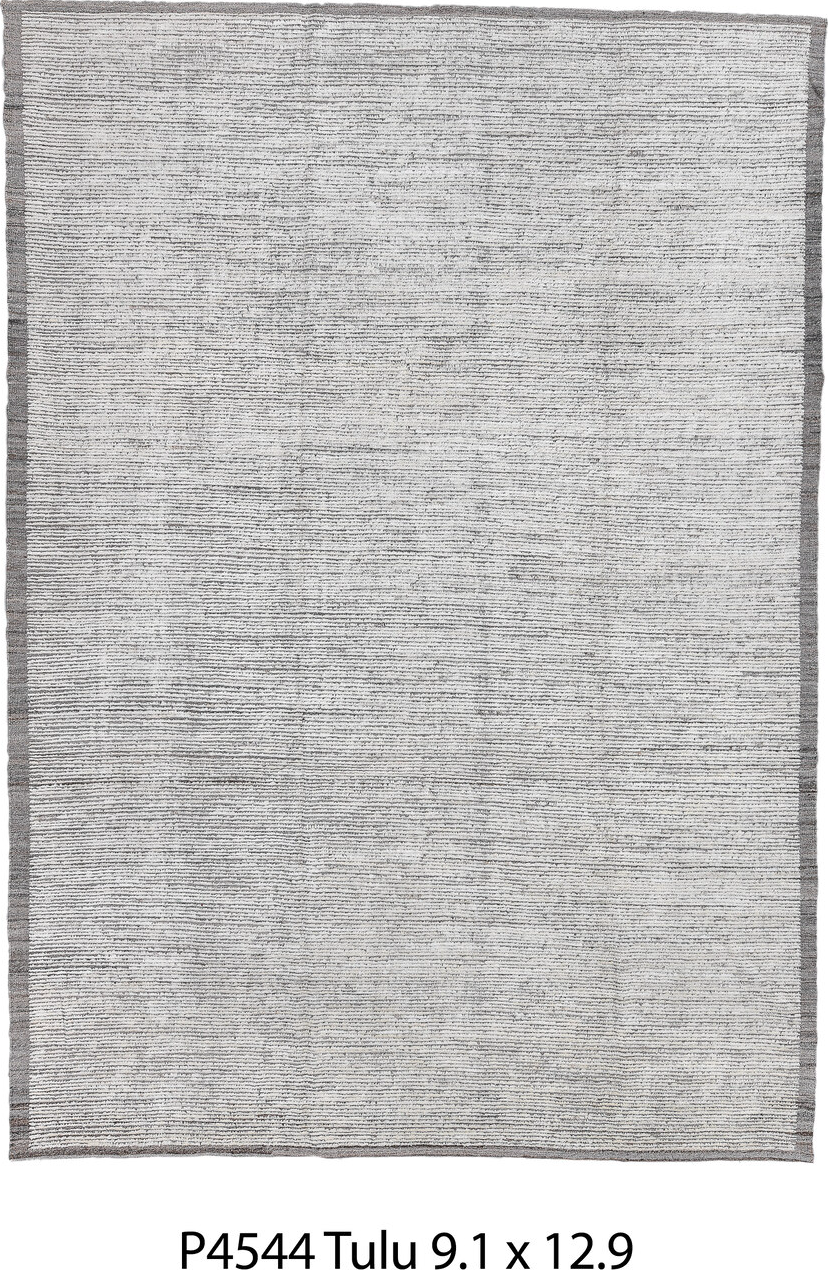 9' x 12' one-of-a-kind handmade vintage Tulu large size rug. Color palette: gray, light gray, black, off-white, silver