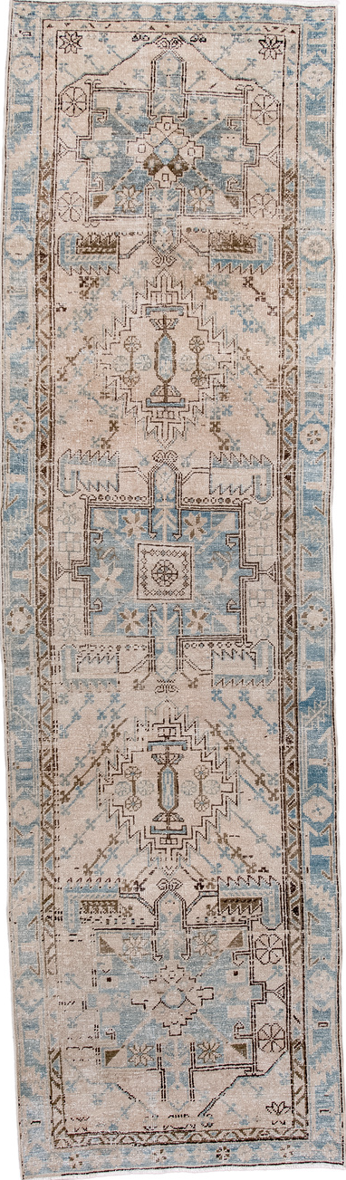 3' x 11' one-of-a-kind handmade vintage Heriz runner rug. Color palette: gray, brown, off-white, light gray, pink, black