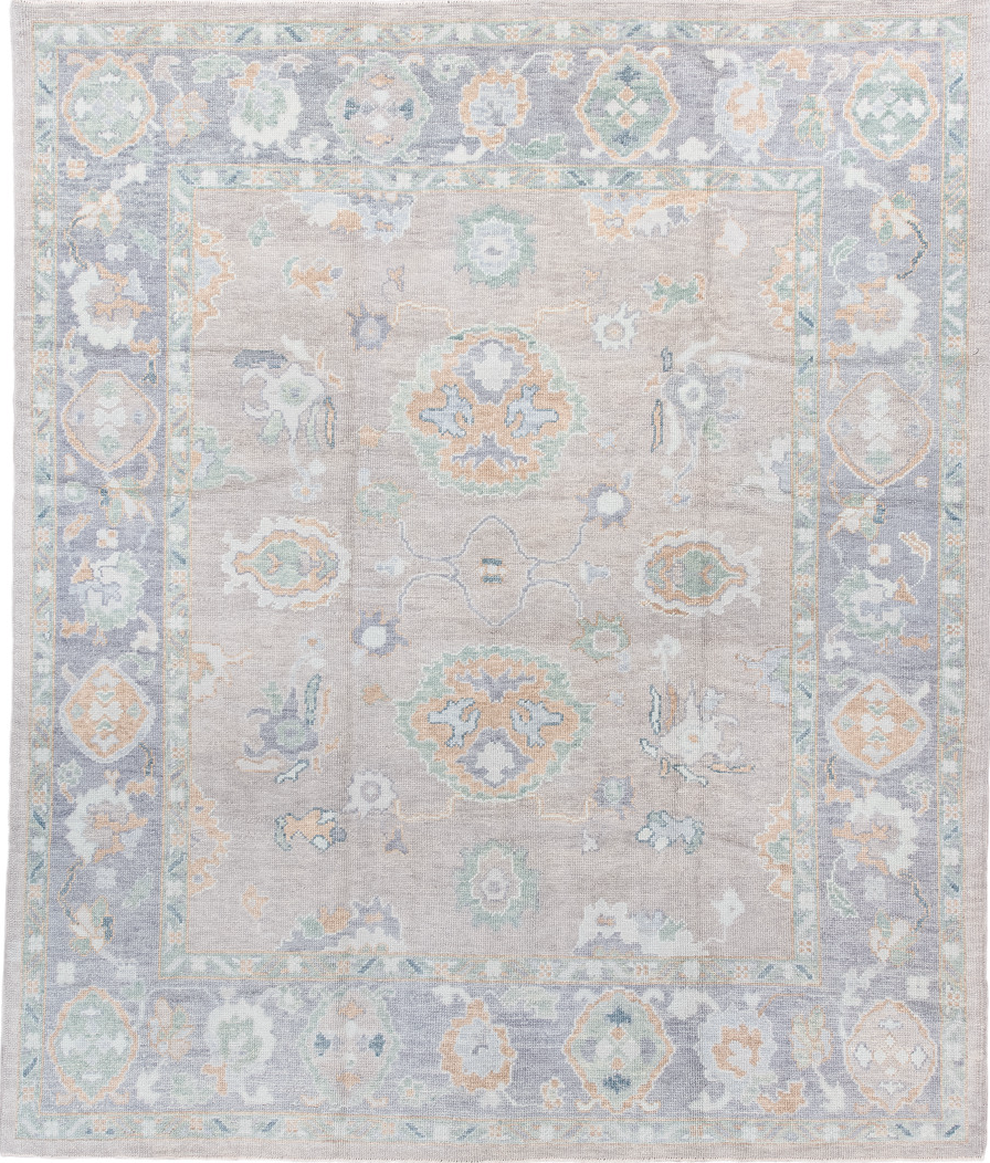 8' x 9' one-of-a-kind handmade vintage Oushak rug. Color palette: brown, dark gray, gainsboro, gray, light gray, off-white