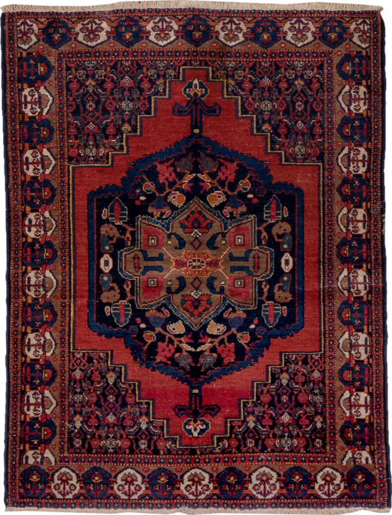 3' x 4' one-of-a-kind handmade vintage Senne small size rug. Color palette: black, blue, brown, charcoal, gray, off-white