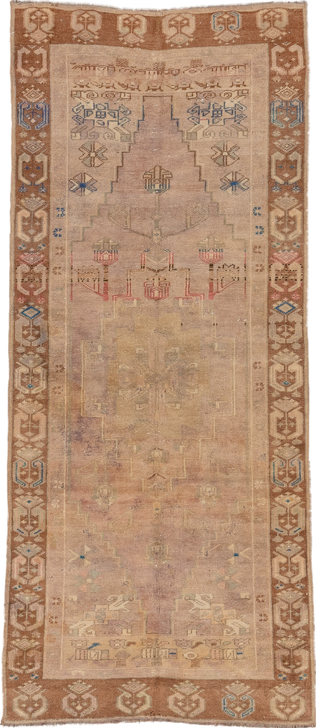 3' x 7' one-of-a-kind handmade vintage Oushak runner rug. Color palette: brown, gray, off-white, orange, tan
