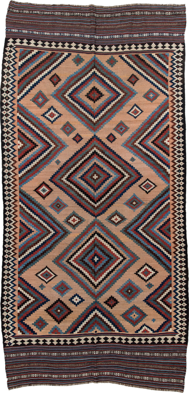 5' x 10' one-of-a-kind handmade vintage Kilim runner rug. Color palette: black, blue, brown, charcoal, gray, light gray