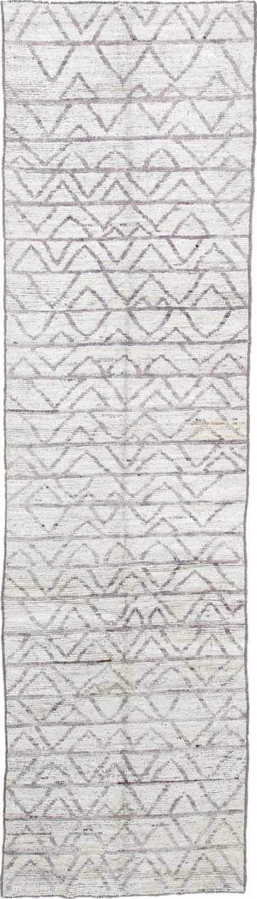 3' x 10' one-of-a-kind handmade vintage Tulu runner rug. Color palette: dark gray, dim gray, gainsboro, gray, light blue