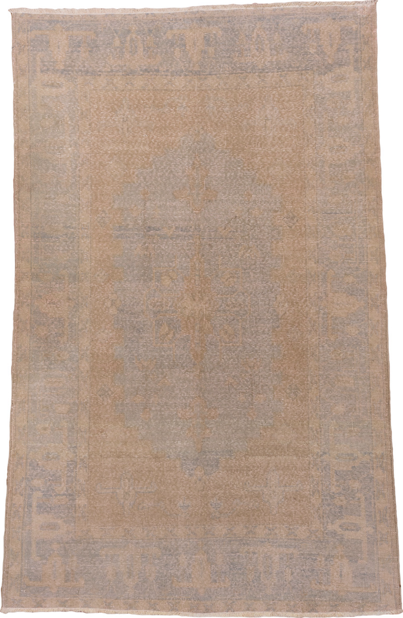 5' x 8' one-of-a-kind handmade vintage Oushak medium size rug. Color palette: brown, gray, light gray, off-white, pink, snow