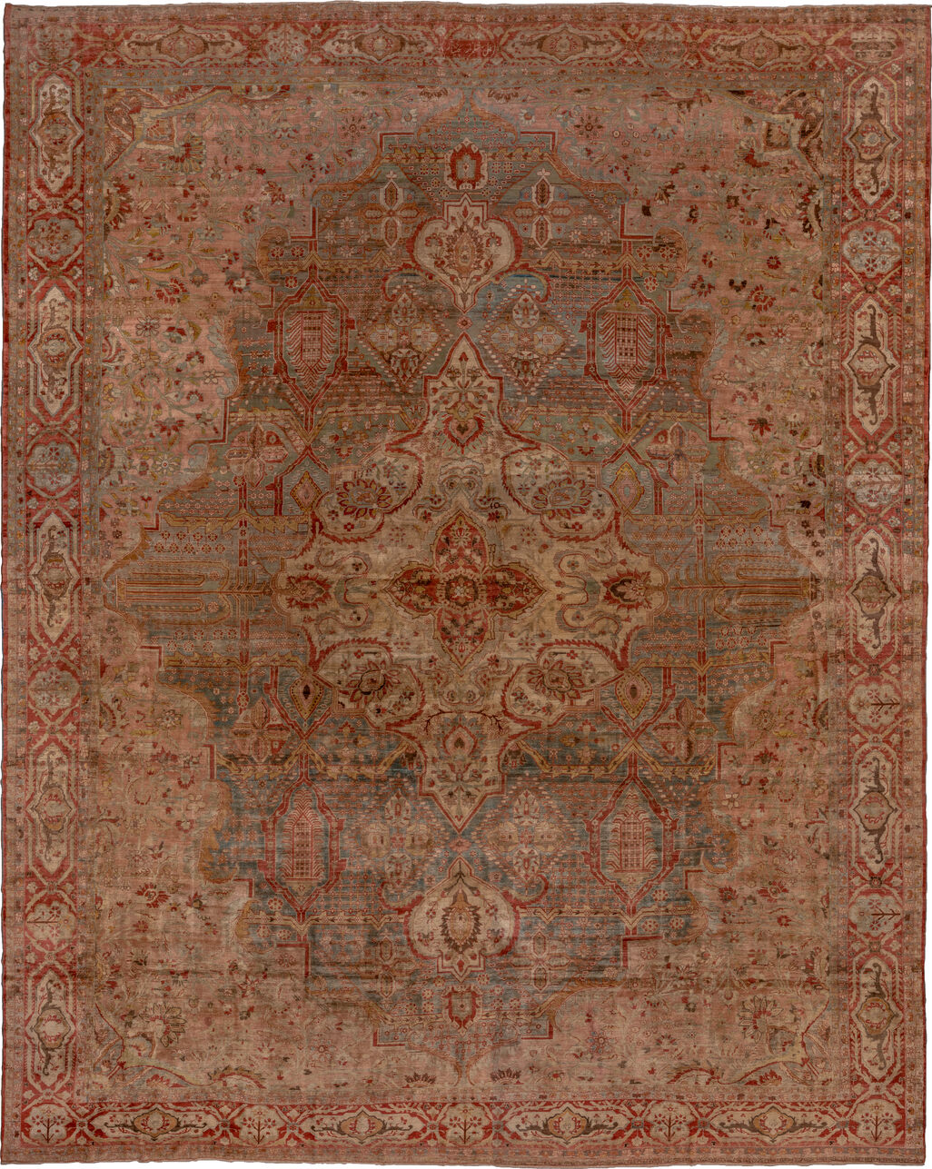 16' x 21' one-of-a-kind handmade vintage Baktiary oversize rug. Color palette: brown, gray, pink, red