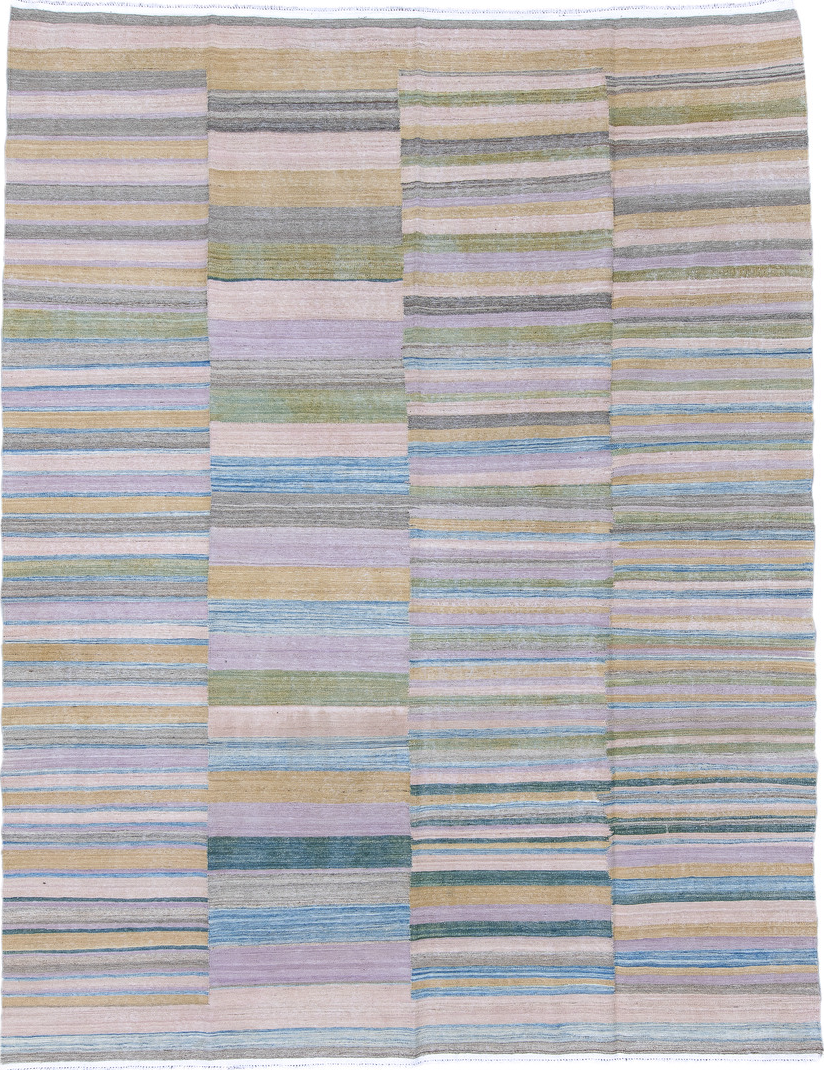 8' x 11' one-of-a-kind handmade vintage Kilim large size rug. Color palette: blue, brown, dim gray, gray, light blue