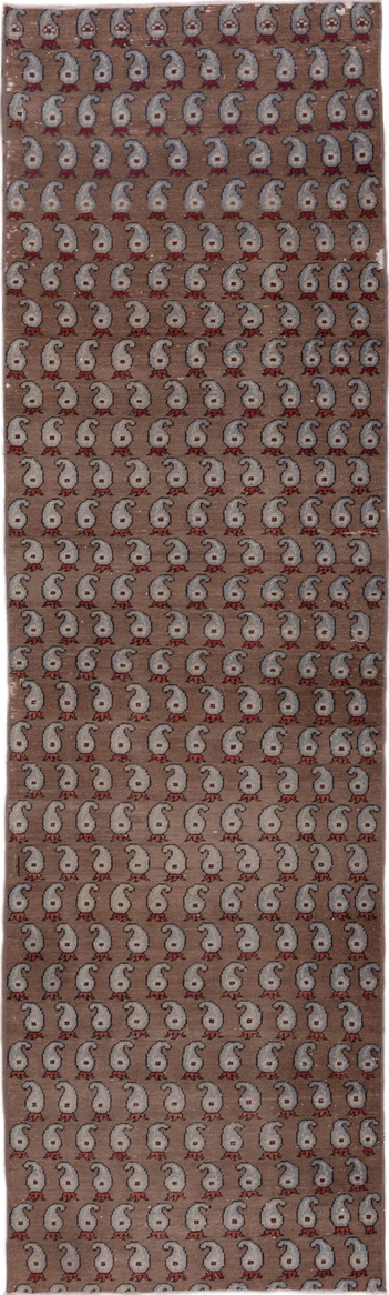 2' x 8' one-of-a-kind handmade vintage Oushak runner rug. Color palette: brown, gray, off-white, pink, red, snow, white