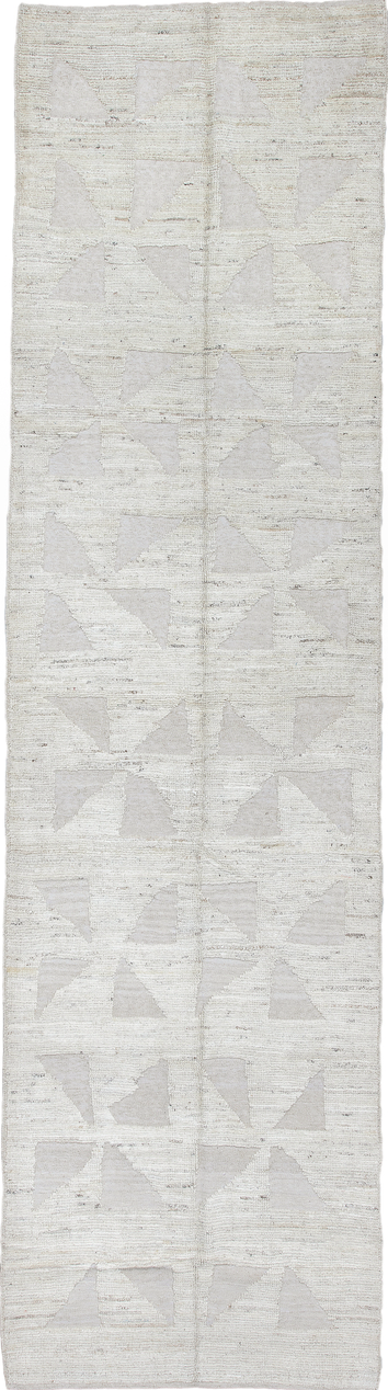 3' x 11' one-of-a-kind handmade vintage Tulu runner rug. Color palette: off-white, gray, light gray, linen, silver