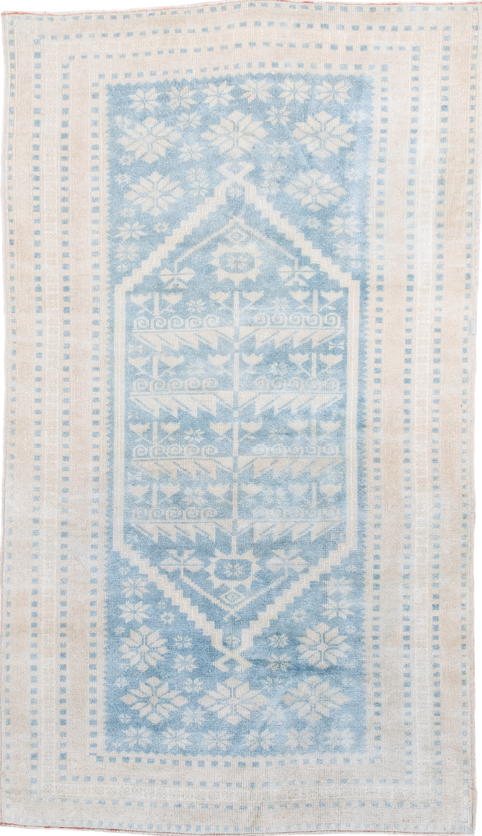 3' x 6' one-of-a-kind handmade vintage Anatol small size rug. Color palette: dark gray, gainsboro, gray, light blue