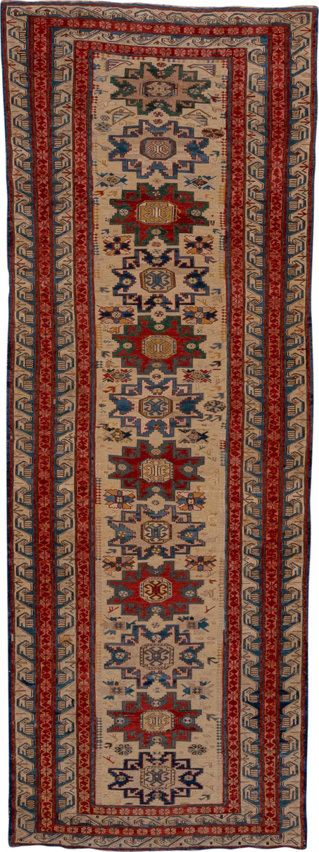 3' x 8' one-of-a-kind handmade vintage Sumak runner rug. Color palette: arapawa, black, blue, brown, charcoal, fiord, gray