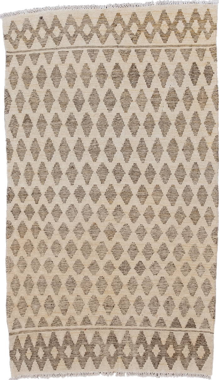 3' x 5' one-of-a-kind handmade vintage Kilim small size rug. Color palette: antiquewhite, brown, gray, light gray, off-white