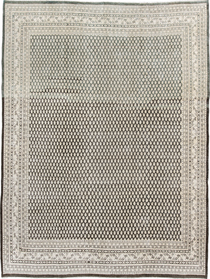 7' x 10' one-of-a-kind handmade vintage Mir large size rug. Color palette: black, floral white, gray, light gray, linen