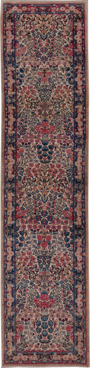 2' x 10' one-of-a-kind handmade vintage Kerman runner rug. Color palette: brown, dim gray, gray, pink, red