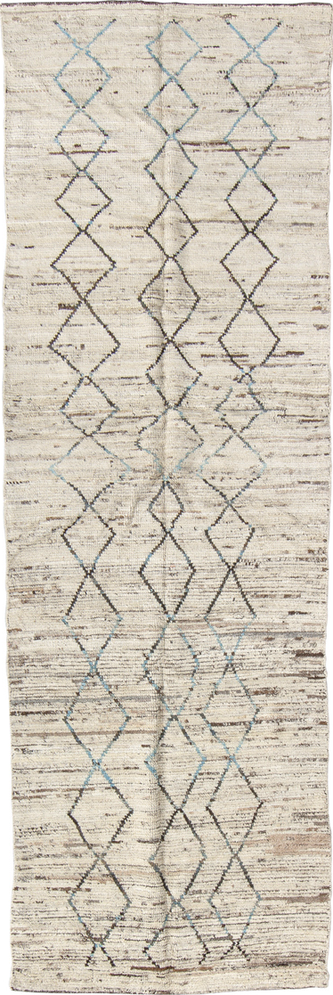 2' x 9' one-of-a-kind handmade vintage Tulu runner rug. Color palette: blue, dark gray, dim gray, gray, light gray