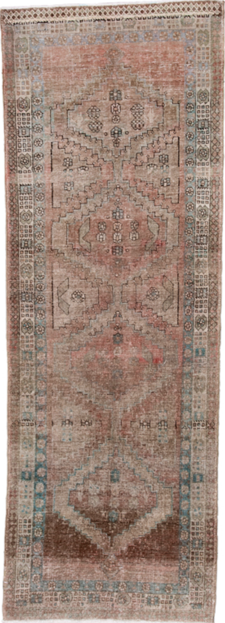 3' x 9' one-of-a-kind handmade vintage Sarab runner rug. Color palette: brown, dim gray, gray, pink