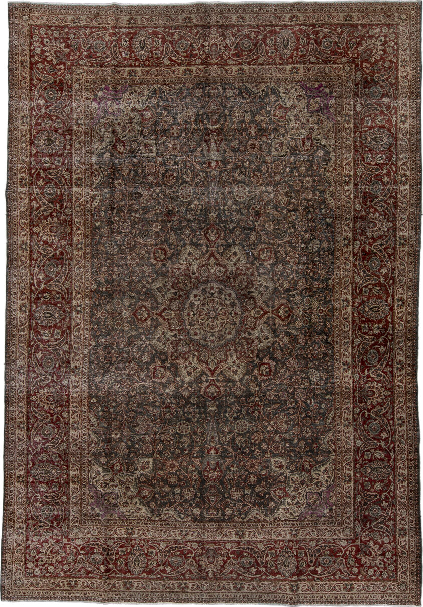 8' x 12' one-of-a-kind handmade vintage Tabriz large size rug. Color palette: black, brown, gray, pink, red