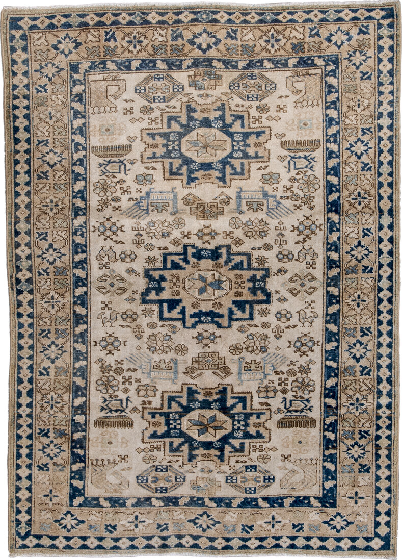 3' x 5' one-of-a-kind handmade vintage Ardebil small size rug. Color palette: arapawa, black, blue, brown, dim gray, fiord