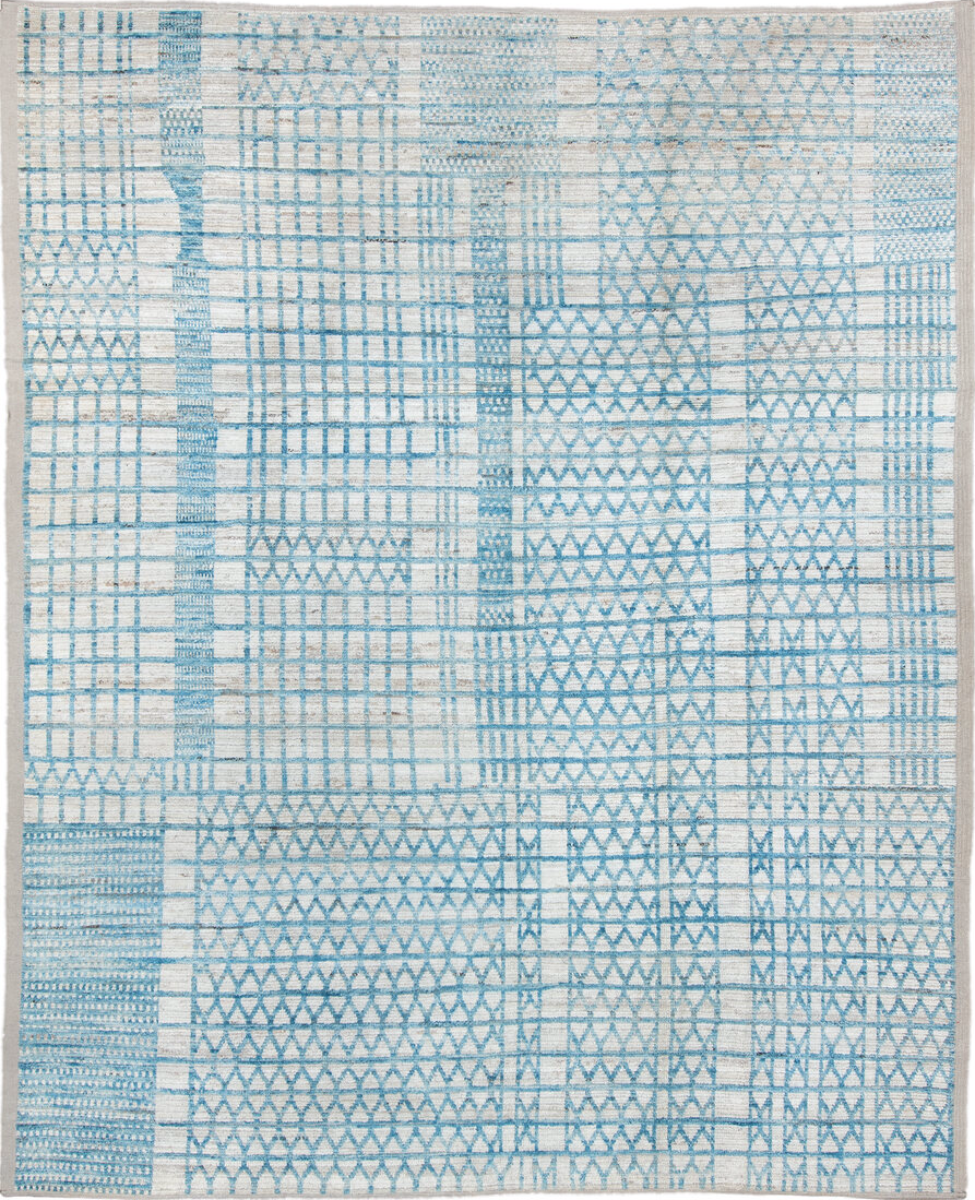 9' x 11' one-of-a-kind handmade vintage Tulu large size rug. Color palette: gray, off-white, light blue, light gray, blue