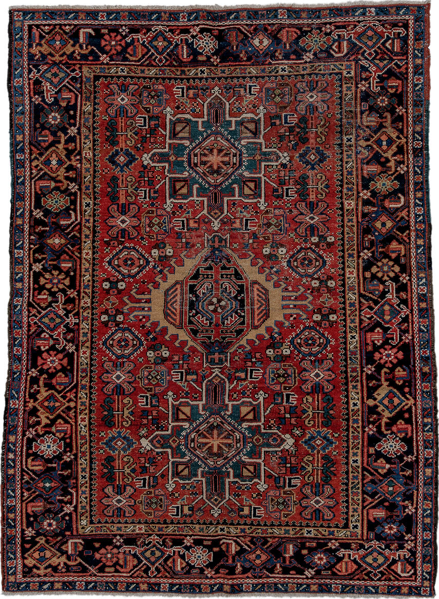 4' x 6' one-of-a-kind handmade vintage Karaje small size rug. Color palette: black, blue, brown, dark salmon, gray