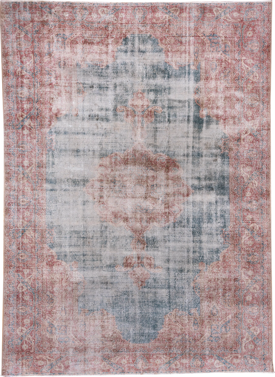 8' x 12' one-of-a-kind handmade vintage Oushak large size rug. Color palette: blue, brown, dark gray, dim gray, gainsboro