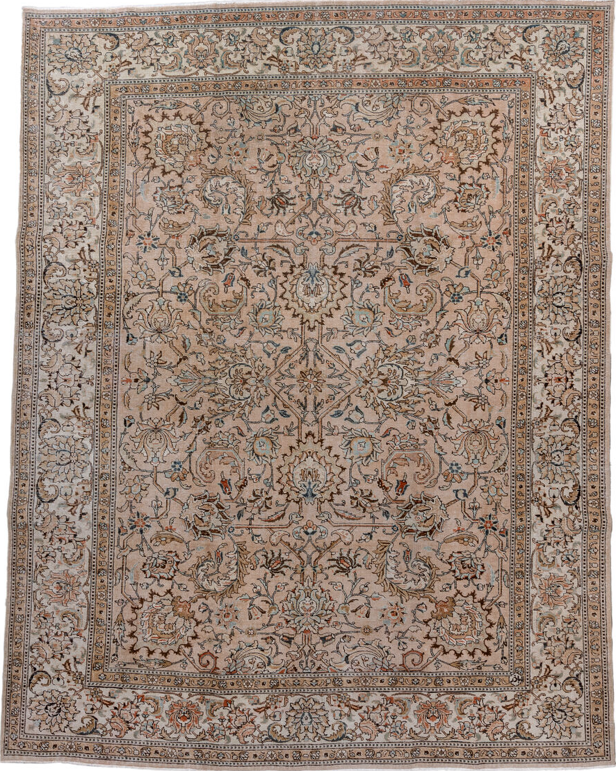 8' x 10' one-of-a-kind handmade vintage Tabriz large size rug. Color palette: black, brown, gray, light gray, off-white