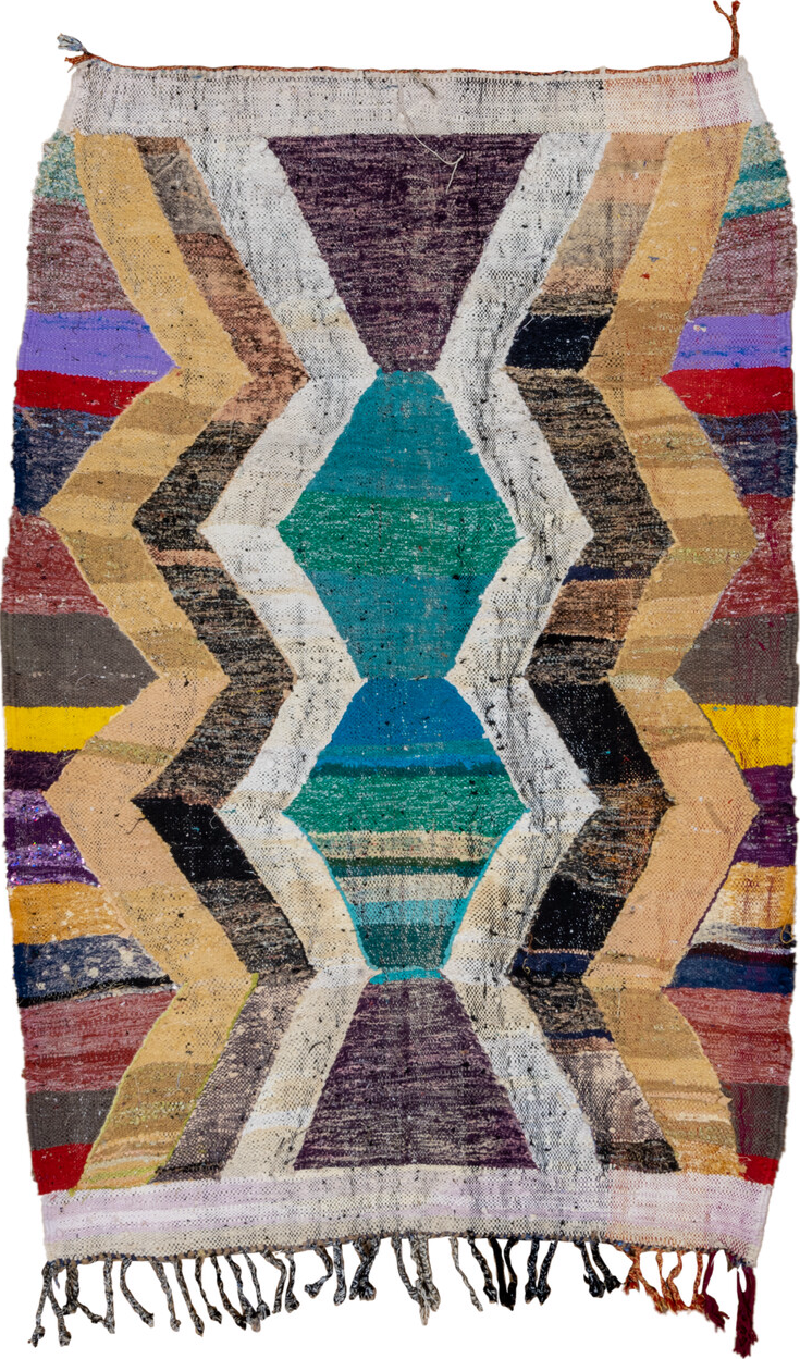 4' x 6' one-of-a-kind handmade vintage Rag Rug small size rug. Color palette: arapawa, black, blue, brown, burlywood