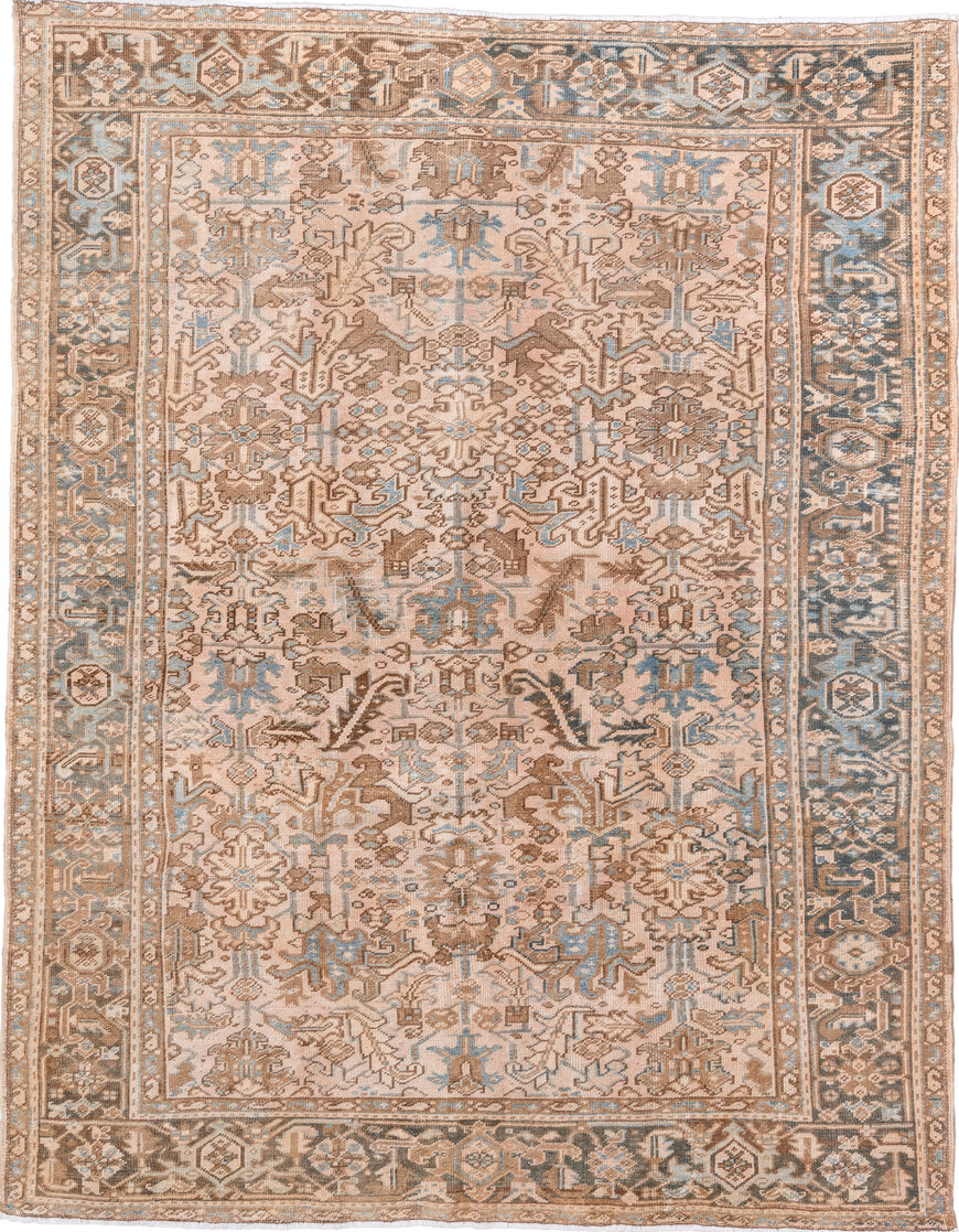 7' x 9' one-of-a-kind handmade vintage Heriz rug. Color palette: brown, dark gray, gray, light gray, off-white, orange, pink