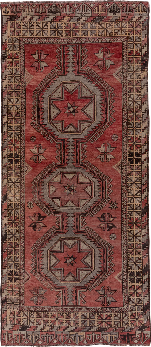 4' x 10' one-of-a-kind handmade vintage Oushak runner rug. Color palette: brown, gray, pink, red, redwood