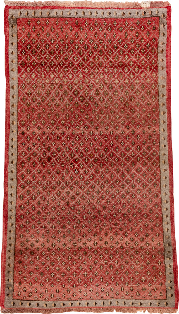 3' x 5' one-of-a-kind handmade vintage Oushak small size rug. Color palette: brown, pink, red