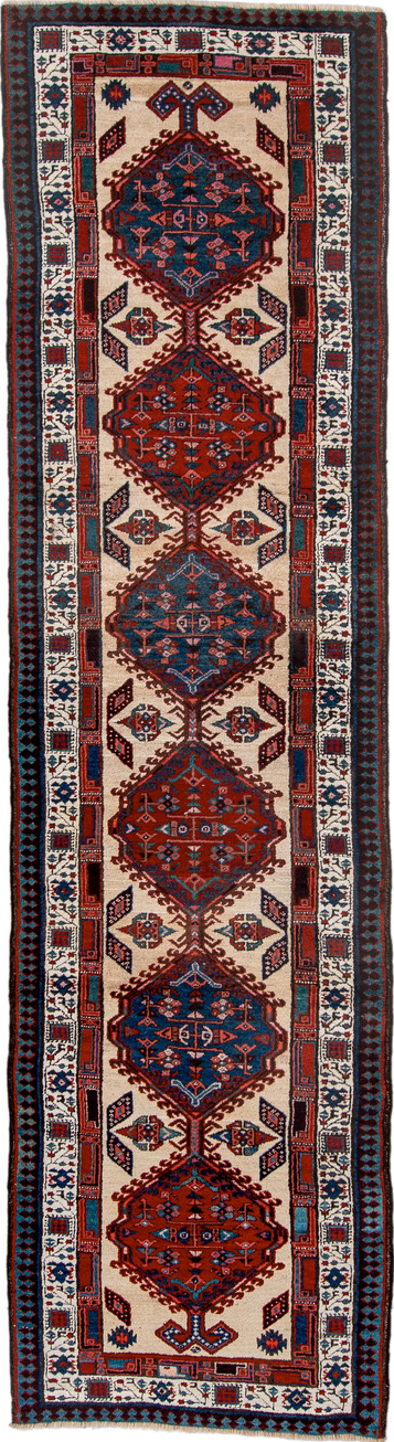 3' x 11' one-of-a-kind handmade vintage Sarab runner rug. Color palette: black, blue, brown, charcoal, dark red, fiord, gray