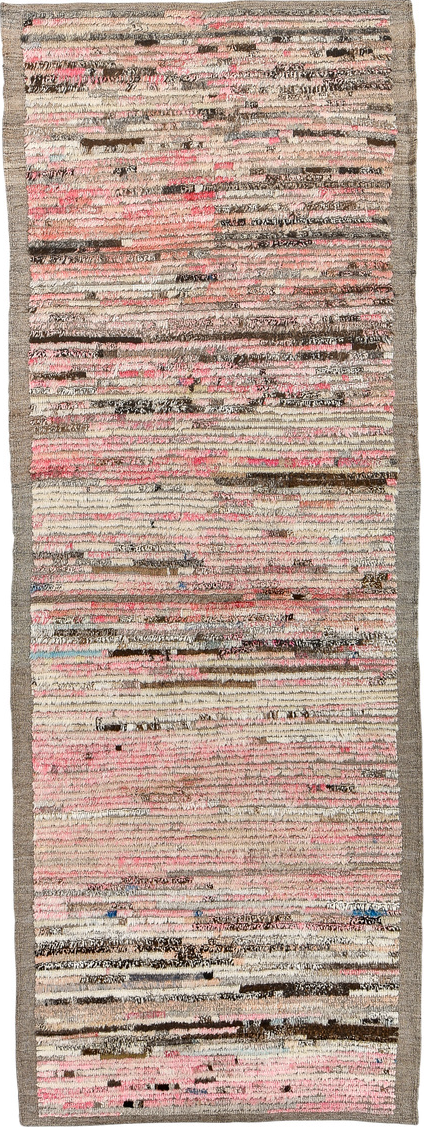 3' x 9' one-of-a-kind handmade vintage Tulu runner rug. Color palette: brown, gray, light gray, off-white, pink, red