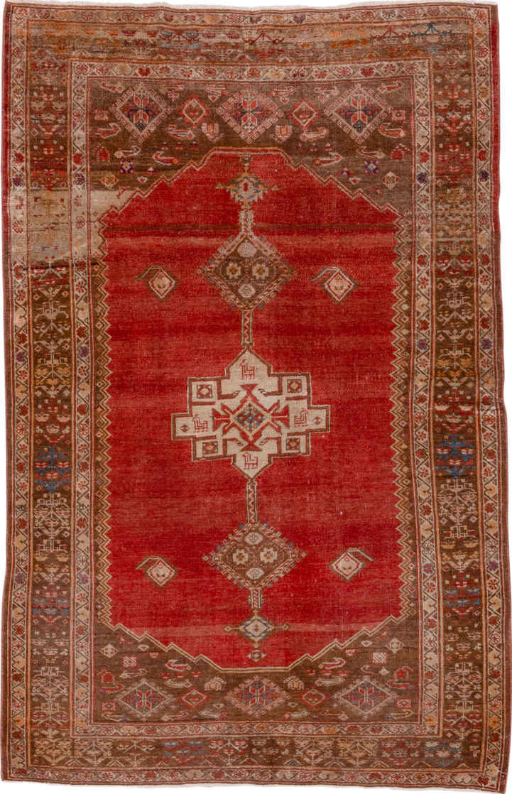 4' x 6' one-of-a-kind handmade vintage Oushak small size rug. Color palette: blue, brown, gray, pink, red, sienna