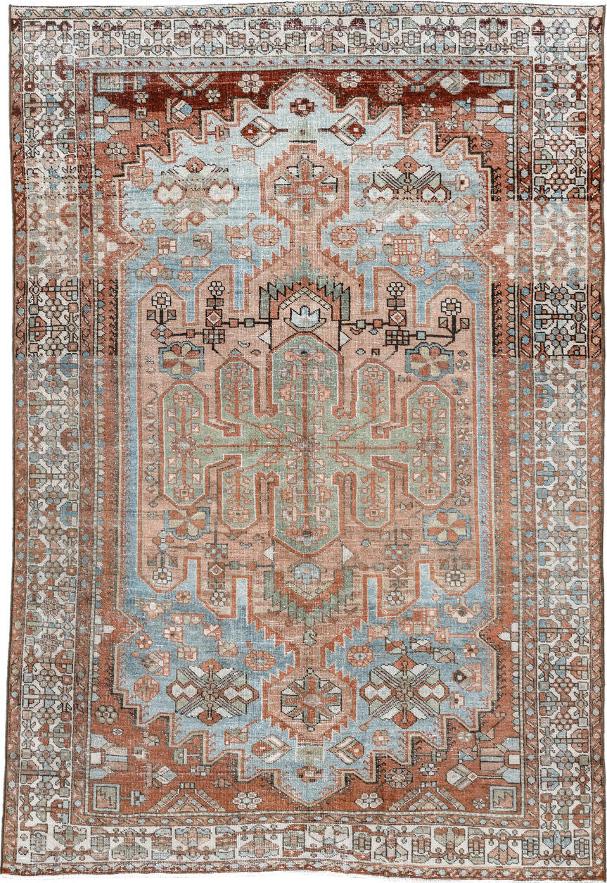 6' x 8' one-of-a-kind handmade vintage Baktiary medium size rug. Color palette: light gray, gray, off-white, brown, pink