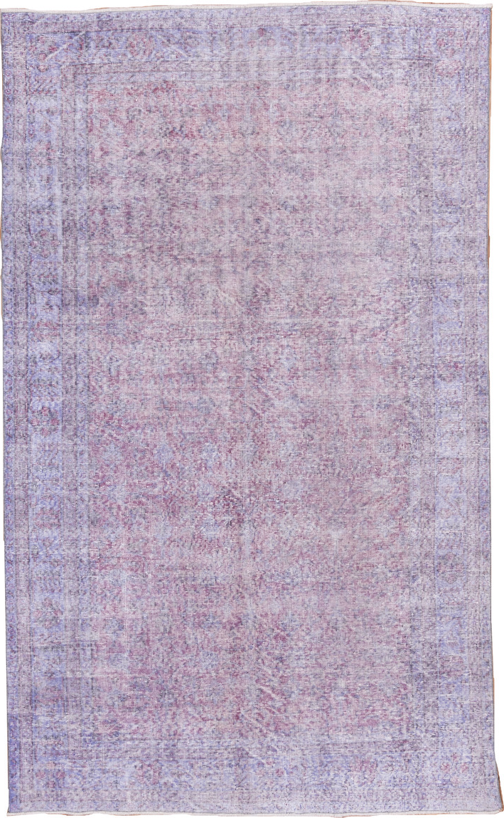 6' x 10' one-of-a-kind handmade vintage Overdyed large size rug. Color palette: gray, light blue, light gray, off-white