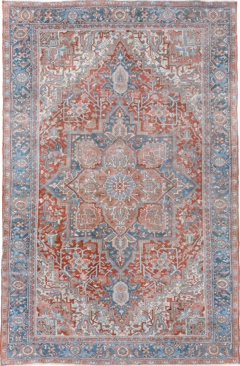 7' x 11' one-of-a-kind handmade vintage Heriz large size rug. Color palette: blue, brown, dark gray, dim gray, gainsboro