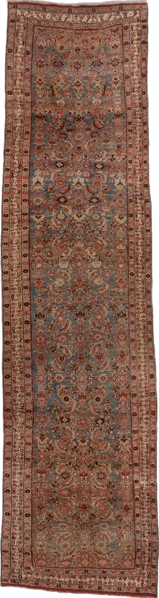 3' x 14' one-of-a-kind handmade vintage Bidjar runner rug. Color palette: brown, dim gray, gray, off-white, pink, snow