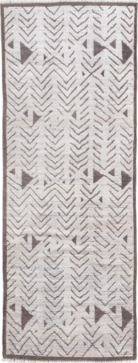 3' x 9' one-of-a-kind handmade vintage Tulu runner rug. Color palette: dark gray, dim gray, gainsboro, gray, light gray