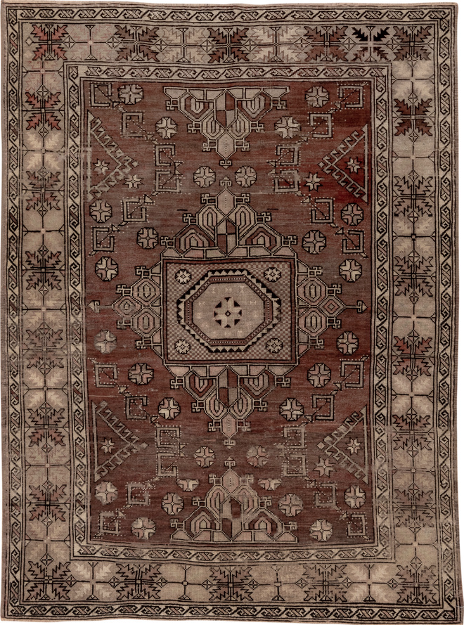5' x 7' one-of-a-kind handmade vintage Oushak rug. Color palette: black, brown, gray, light gray, pink