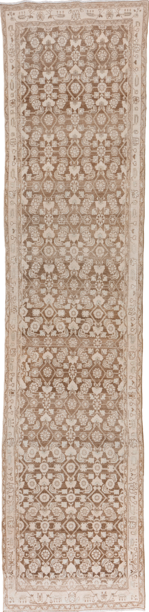 3' x 14' one-of-a-kind handmade vintage Malayer runner rug. Color palette: brown, gray, light gray, off-white, pink, snow