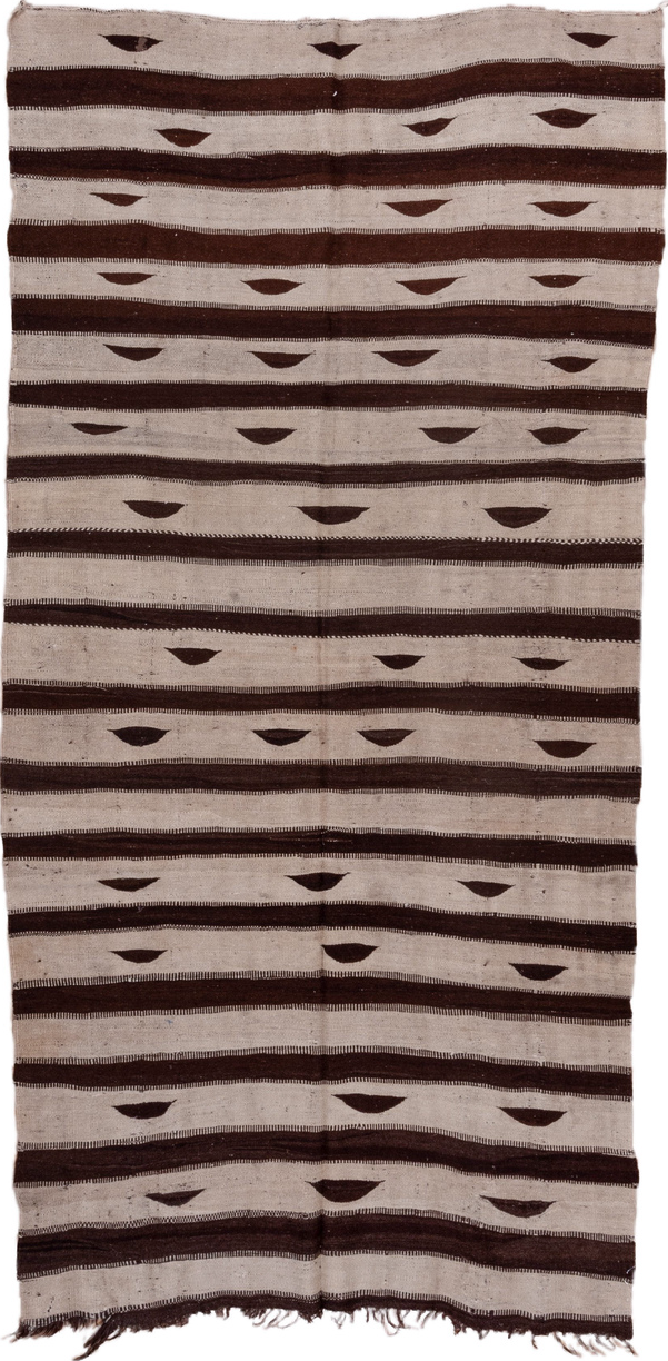 5' x 11' one-of-a-kind handmade vintage Kilim runner rug. Color palette: brown, gray, light gray, off-white, pink, snow