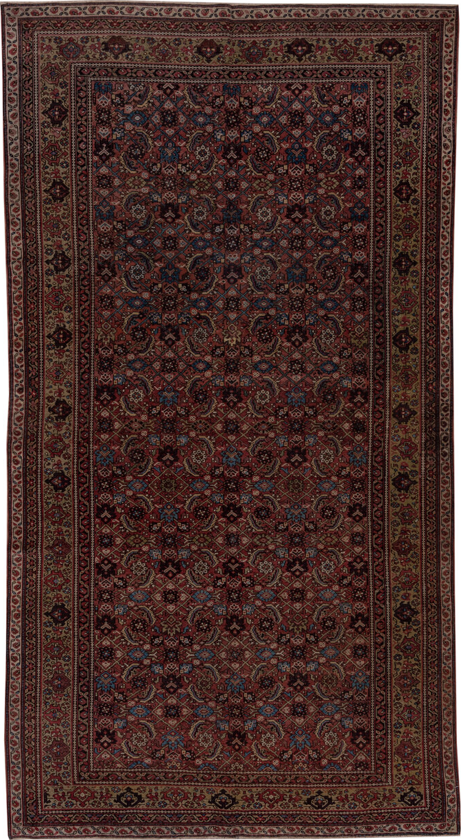 5' x 9' one-of-a-kind handmade vintage Malayer medium size rug. Color palette: black, blue, brown, gray, red, redwood